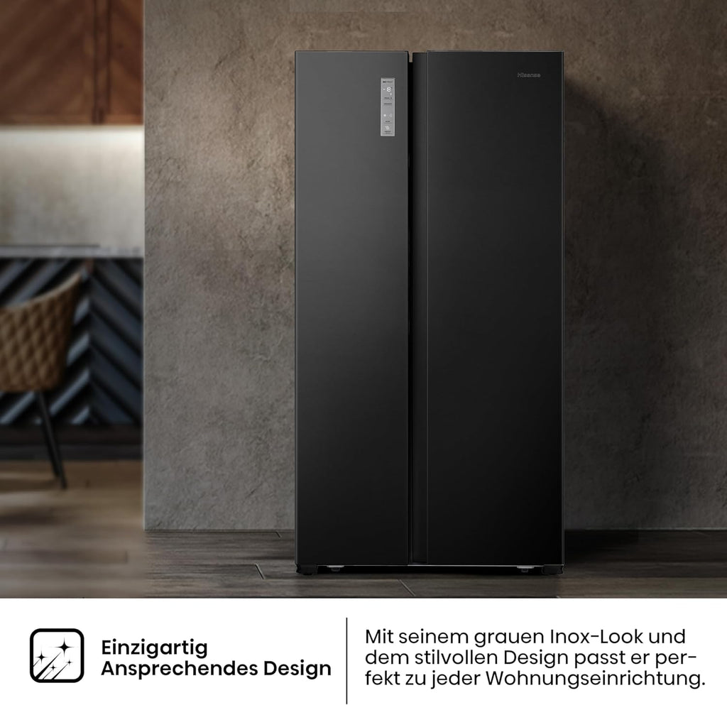 Hisense RS677N4BFD Frigorifero Americano Side by Side / Compressore Inverter / Porta Bottiglie / 2 FreshZone / Vano Verdure / Capacità Frigo 334 L / Capacità Congelatore 185 L / 41 dB / 247 kWh all'anno, Nero