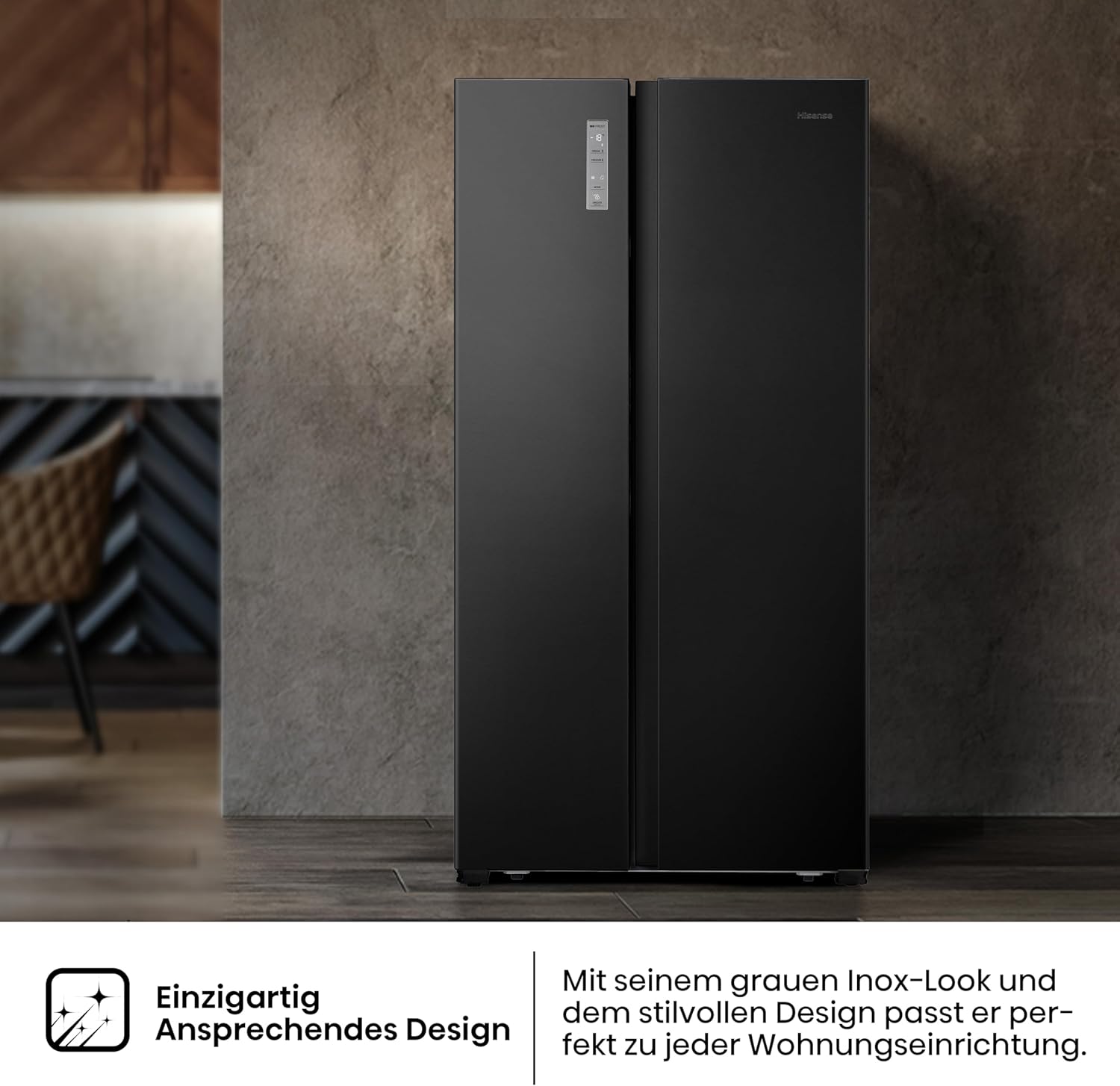 Hisense RS677N4BFD Frigorifero Americano Side by Side / Compressore Inverter / Porta Bottiglie / 2 FreshZone / Vano Verdure / Capacità Frigo 334 L / Capacità Congelatore 185 L / 41 dB / 247 kWh all'anno, Nero