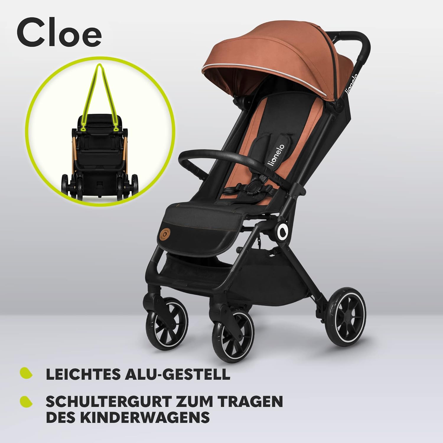 LIONELO Cloe Passeggino Pieghevole fino a 22 kg, Schienale Reclinabile Funzione Nanna, Imbracatura a 5 Punti Grandi Ruote Girevoli Zanzariera Porta Biberon Leggero Compatto Impermeabile (Grigio)