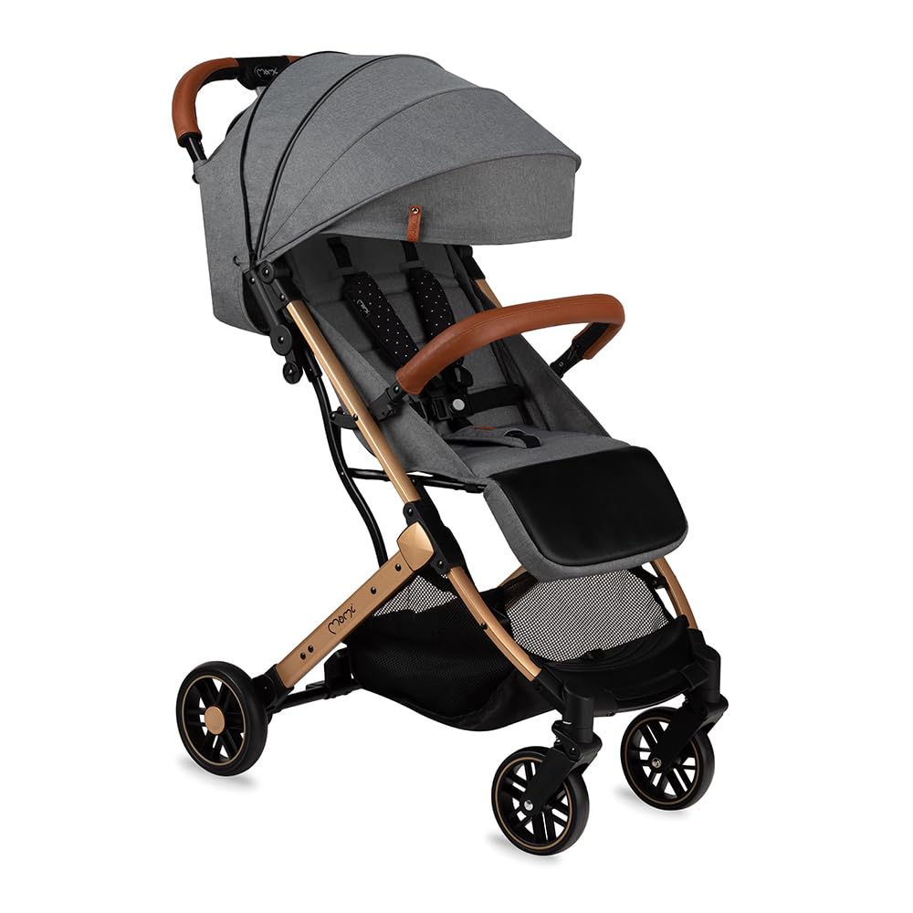 MOMI ESTELLE Kinderwagen für Kinder ab 6 Monat bis zu max körpergewicht von 15 kg, klappbar auf die Maße 65 x 51 x 21 cm, gewicht 7,5 kg, 5-Punkt-Sicherheitsgurt, koffer, grau-gold, Räder 6''/6,5''