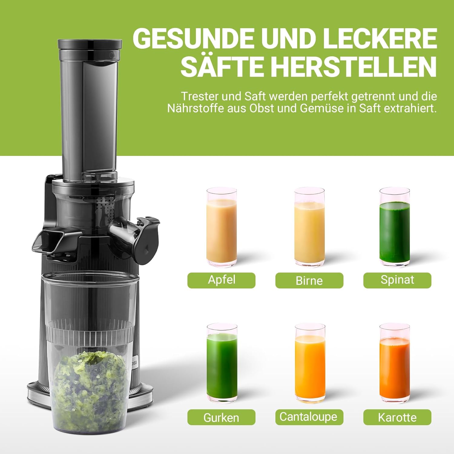 AOBOSI - Mini centrifuga a freddo con funzione masticazione inversa, spremiagrumi elettrico con spazzola e 2 tazze, multifunzione per frutta (nero, 45 mm)