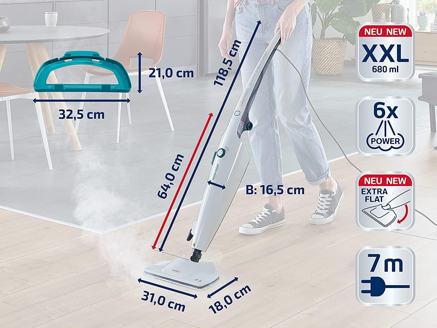 Leifheit Pulitore a vapore CleanTenso Power 2.0 con vapore caldo contro i batteri, Mop a vapore con tempi di riscaldamento brevi e 50 minuti di autonomia, Scopa a vapore per la pulizia degli angoli, Spazzola a vapore dal design moderno