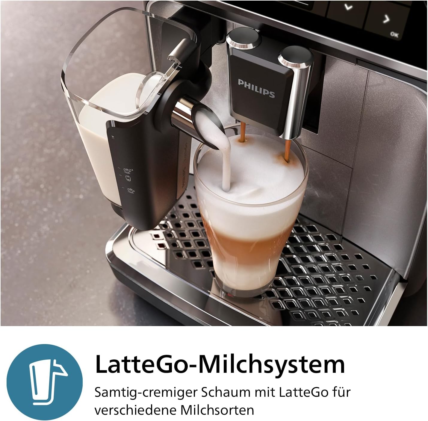 Macchina da caffè espresso automatica Philips Serie 2300 - 4 bevande, display touch a colori moderno, sistema del latte LatteGo, SilentBrew, macine in ceramica, filtro AquaClean. Cromata bianca (EP2333/40)