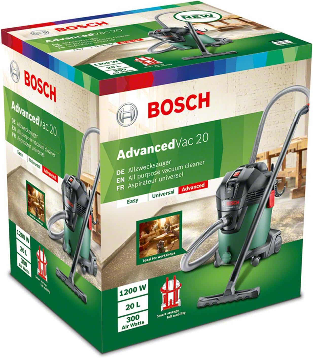 Aspiratore Bosch per solidi e liquidi AdvancedVac 20 (1200 Watt, capacità serbatoio 20 litri, in scatola di cartone)