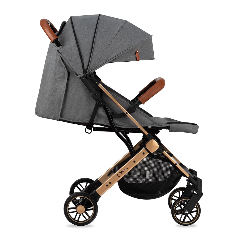 MOMI ESTELLE Kinderwagen für Kinder ab 6 Monat bis zu max körpergewicht von 15 kg, klappbar auf die Maße 65 x 51 x 21 cm, gewicht 7,5 kg, 5-Punkt-Sicherheitsgurt, koffer, grau-gold, Räder 6''/6,5''