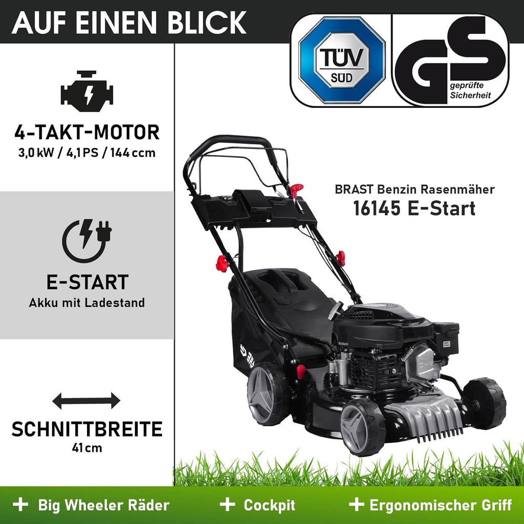 BRAST Tosaerba a Benzina con Trazione | 3,0kW (4,1PS) | Avviamento Elettrico | 41cm Larghezza di Taglio | Vari Modelli | TÜV | Motore 4 Tempi OHV | Altezza di Taglio 25-75mm | Cesto Raccolta 40L | Scocca in Acciaio | 16145 Estart