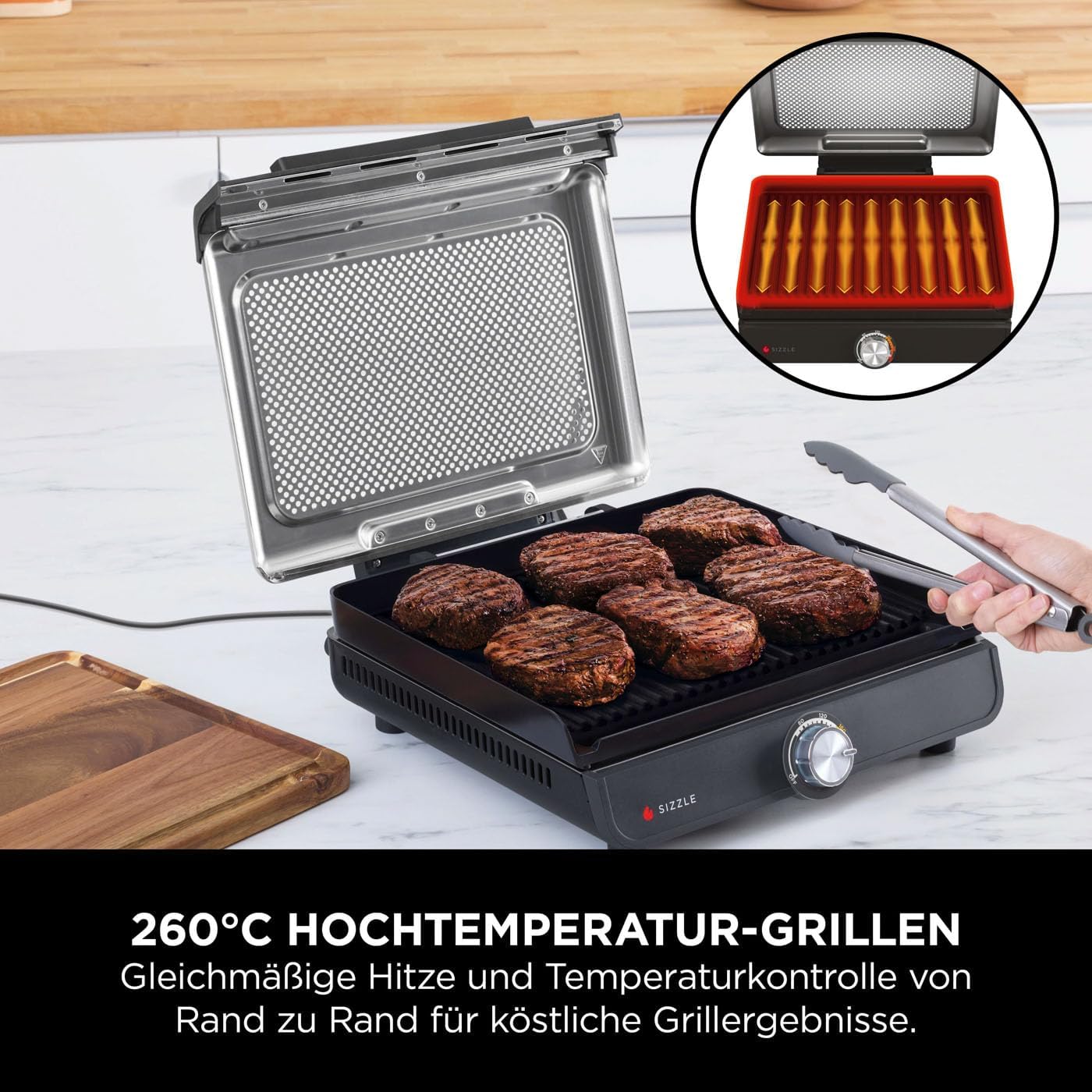 Ninja Sizzle Elektrogrill Indoor & Plancha (Flat Grill Plate) mit Antihaft-Grillplatte, abnehmbarer & spülmaschinenfester Deckel, Fettauffangbehälter, Temperaturregler & Rezeptbuch, Grau GR101EU