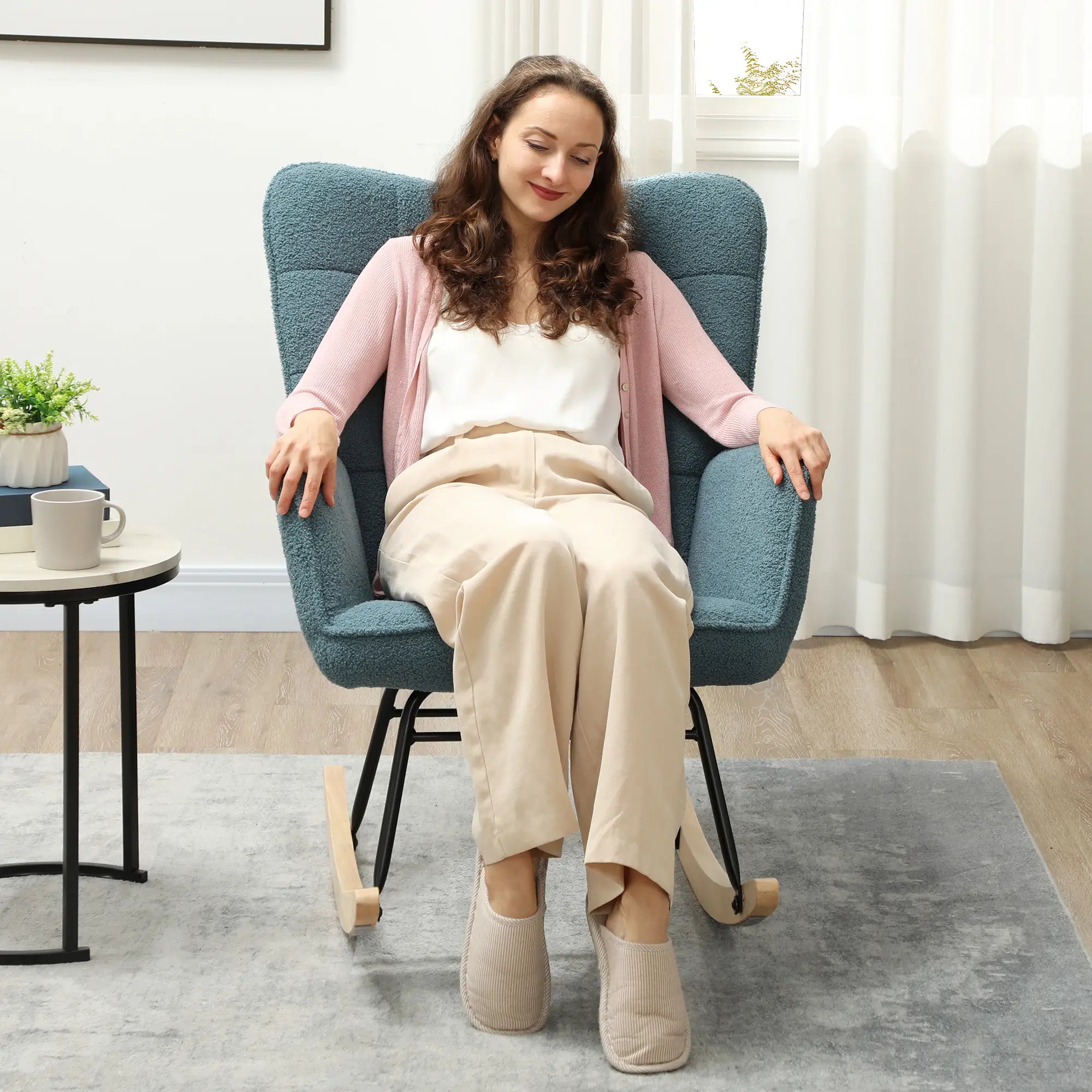 HOMCOM Schaukelstuhl Relaxsessel Berbervliesoptik hellblau