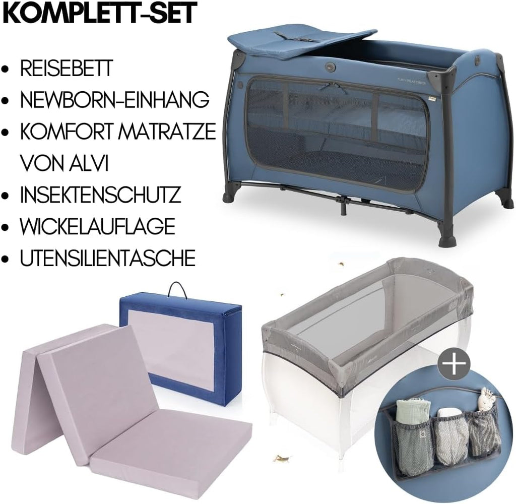 hauck Baby Reisebett Play n Relax Center Set mit Komfort Matratze und Insektenschutz - Babyreisebett mit Neugeborenen Einsatz, Wickelauflage und Tasche (höhenverstellbar & faltbar) - Dark Blue
