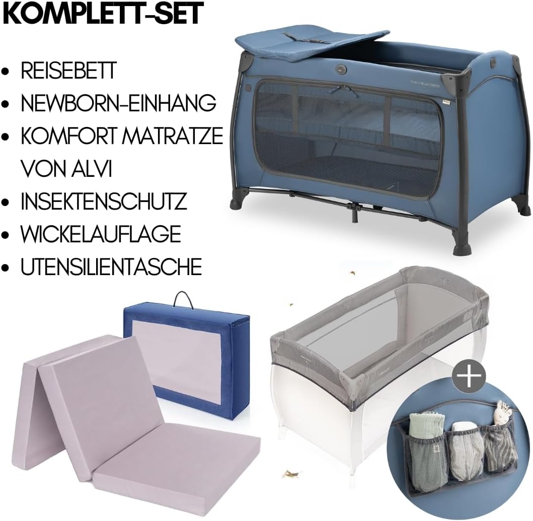hauck Baby Reisebett Play n Relax Center Set mit Komfort Matratze und Insektenschutz - Babyreisebett mit Neugeborenen Einsatz, Wickelauflage und Tasche (höhenverstellbar & faltbar) - Dark Blue