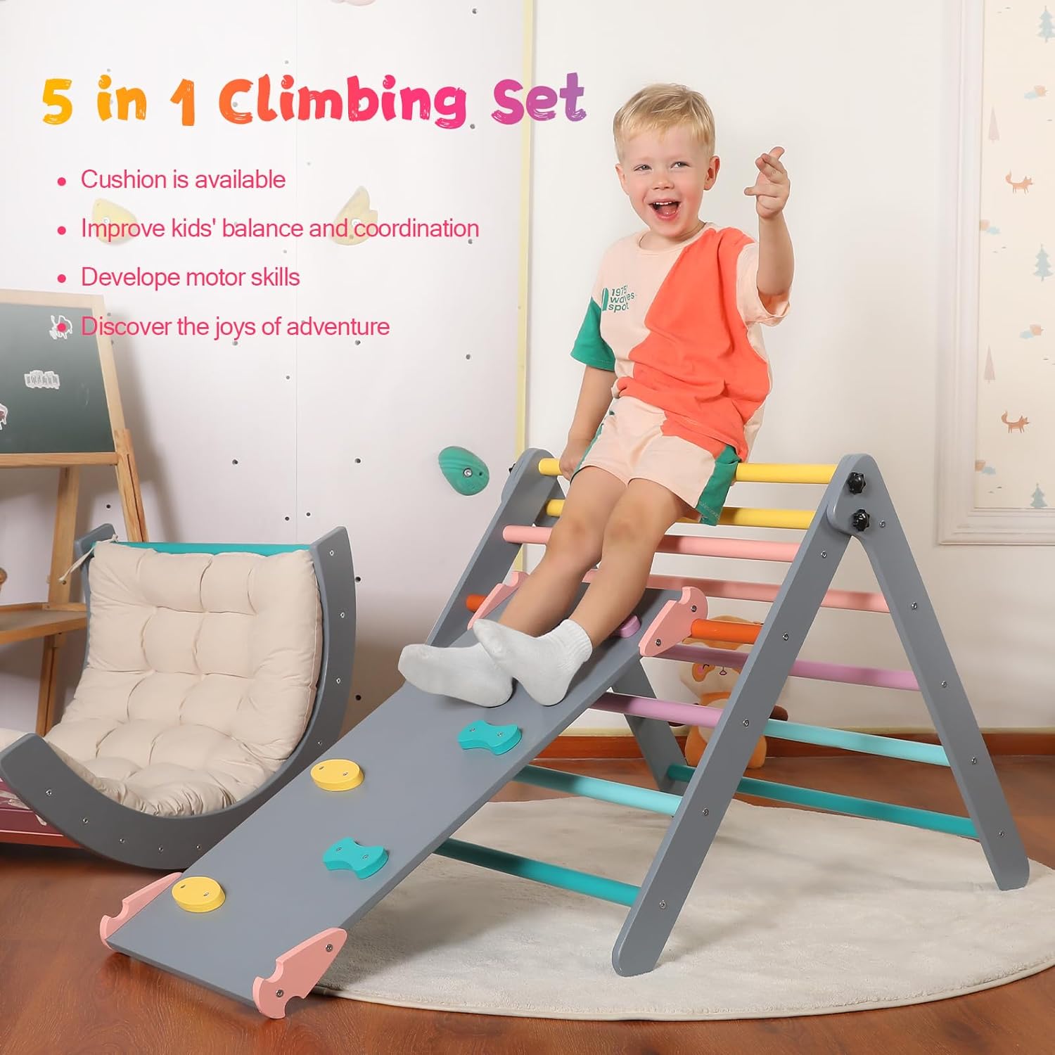 Set di triangoli con cuscino, set da arrampicata Montessori 5 in 1 pieghevole, set da arrampicata per interni per bambini, giocattolo da arrampicata in legno con rampa e arco da arrampicata per bambini (colore legno)