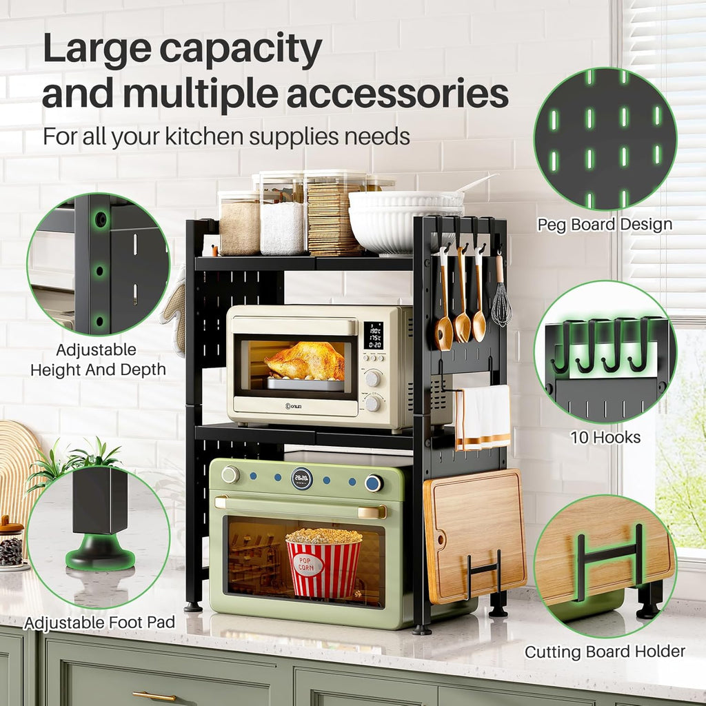 SAYZH Mikrowellen Regal, 3-stufiges Erweiterbares mikrowelle Regal Mikrowellenregal Organizer Küche mit 10 Haken, Flexibel Ausziehbar von 40-70cm, Stufiges Küchenregal mikrowellenstnder, Schwarz
