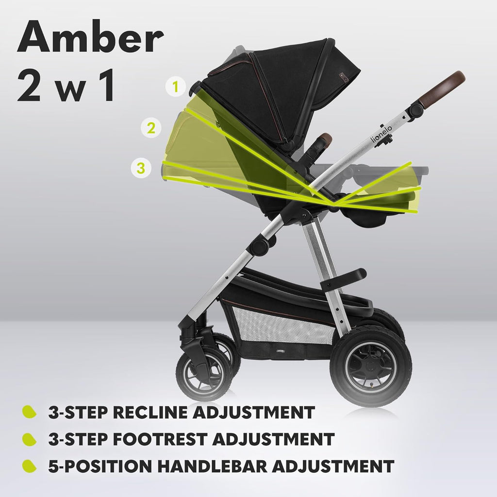 LIONELO Amber Kinderwagen 2 in 1 Kombikinderwagen, Kinderwagen Set mit sportlichen Sitz und fester Babywanne, Tasche, Moskitonetz, Abdeckung Regenblatt (Graphit)