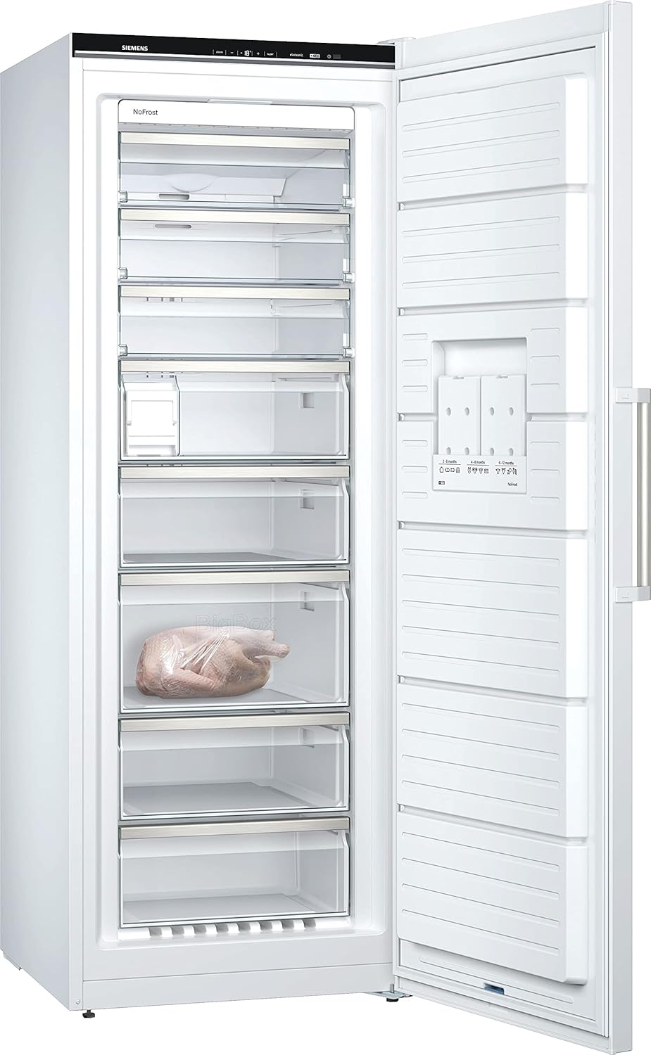 Siemens GS54NAWCV iQ500 Congelatore verticale, 176 x 70 cm, 327 L, NoFrost mai più sbrinamento, bigBox spazio per alimenti di grandi dimensioni, varioZone ripiani e cassetti flessibili in vetro, Bianco