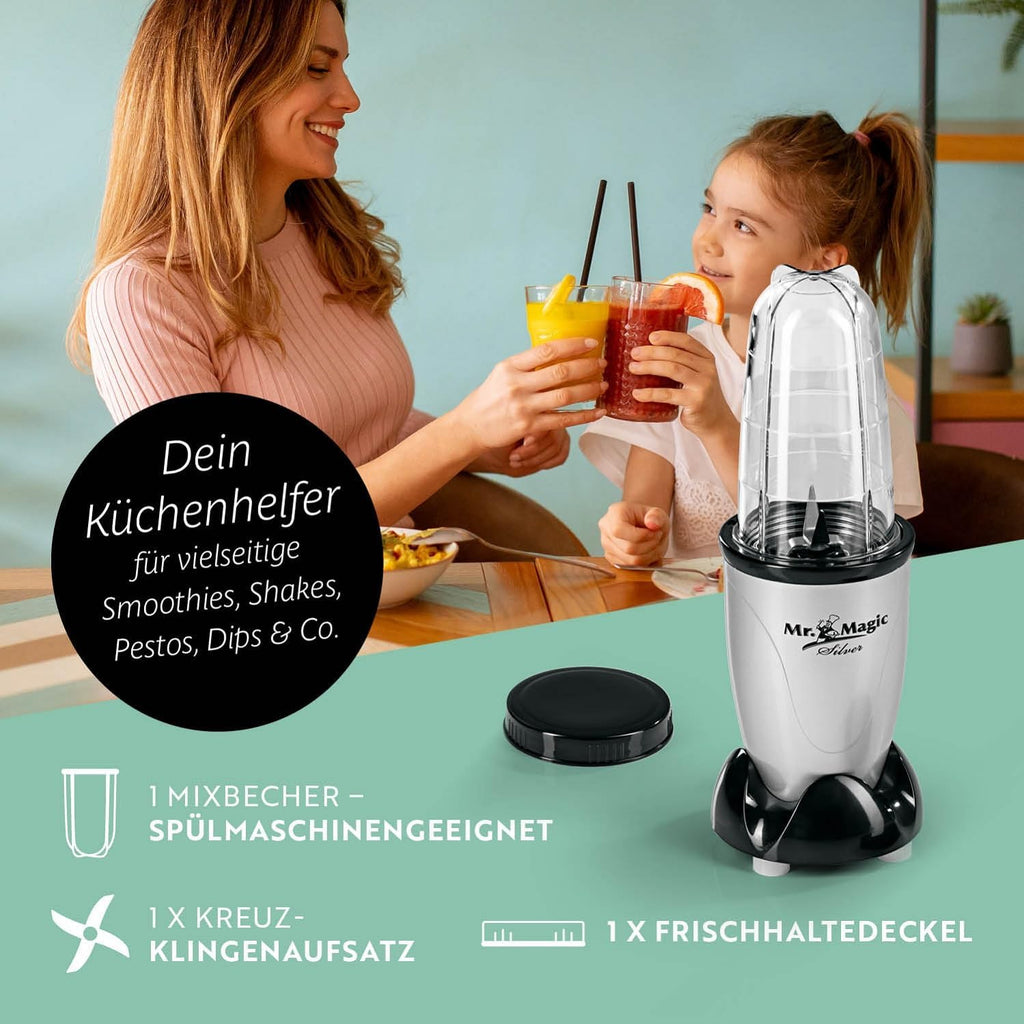 GOURMETmaxx Frullatore per Smoothie e Frullatore a Immersione Set da 18 pezzi - 400W | Frullatore Elettrico da 750ml, Mixer con 4 Bicchiere To-Go, 2 Lame, Spremiagrumi, Piedistallo e Coperchio | Lavabile in Lavastoviglie, a Prova di Perdite e Senza BPA