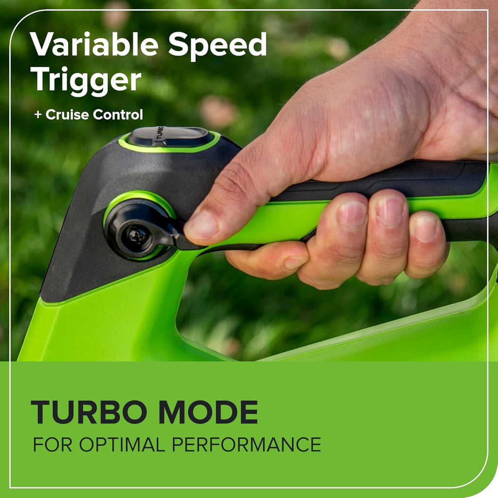 Greenworks Soffiatore assiale a batteria 48V (2x24V) con motore brushless, funzione turbo, 217 km/h, 16,4 m³/min, PIÙ due batterie da 24V 2Ah e caricabatterie, 3 anni di garanzia GD24X2ABK2X