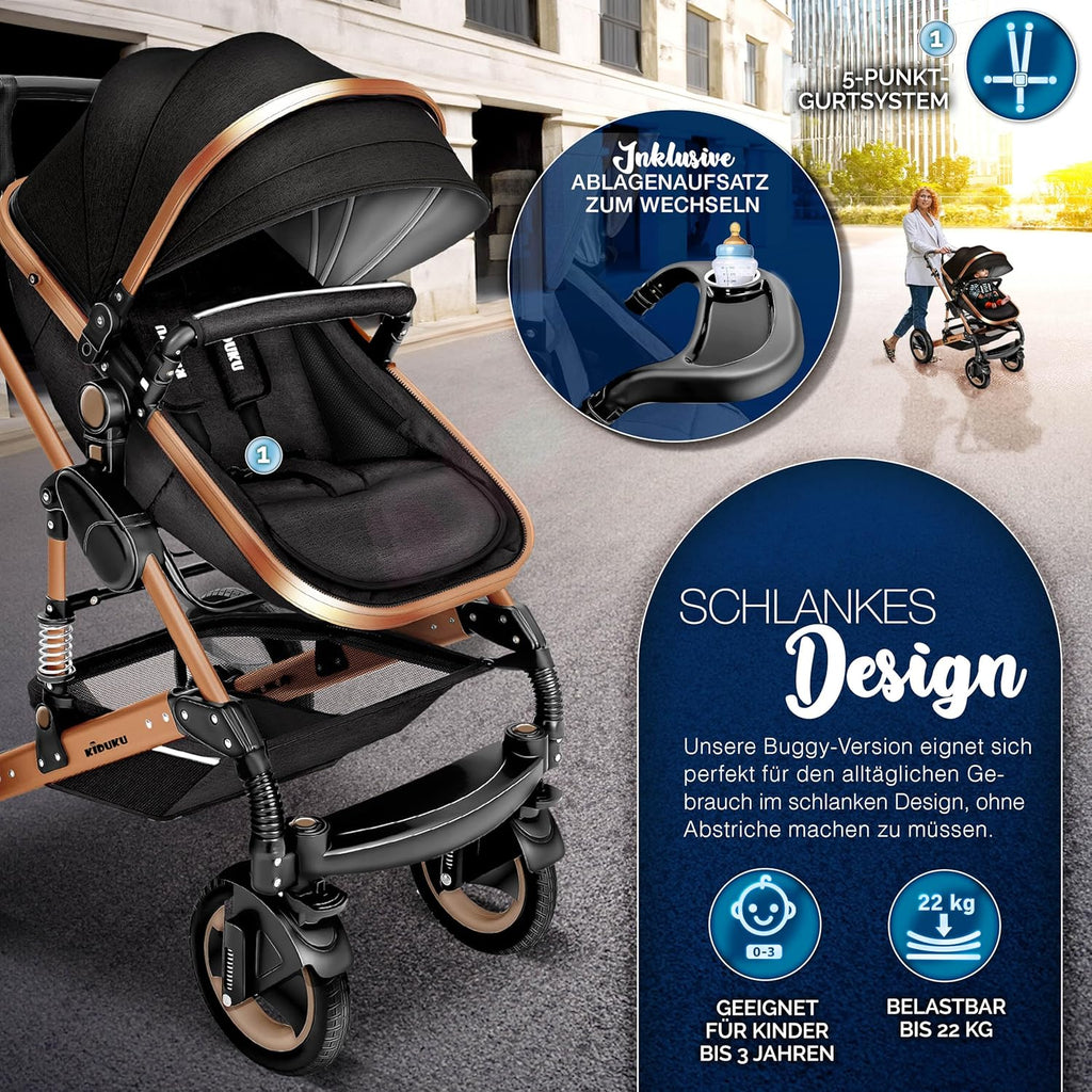 KIDUKU® Set completo passeggino 3 in 1 | Set passeggino combinato con navicella e sedile sportivo passeggino e seggiolino auto ovetto sacco a pelo | Ruote in gomma piena borsa per il cambio scaldamani parapioggia tavolino ECE R129