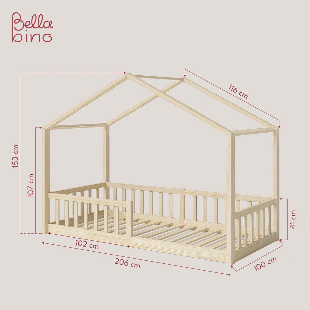 Bellabino Lettino per bambini Bia 140x200 cm, letto a capanna per bambini con protezione anticaduta e rete a doghe arrotolabile, letto a terra Montessori bianco in legno massello di pino