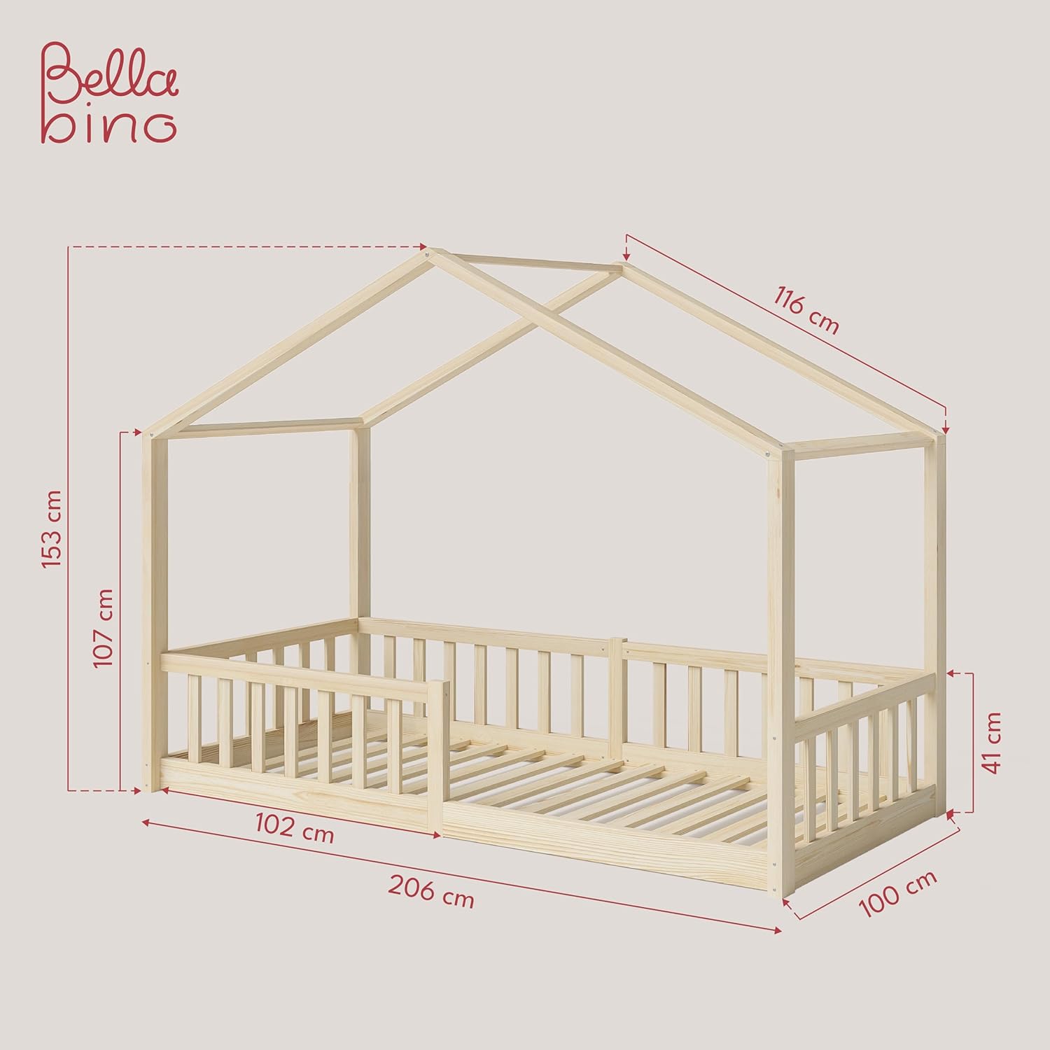 Bellabino Lettino per bambini Bia 140x200 cm, letto a capanna per bambini con protezione anticaduta e rete a doghe arrotolabile, letto a terra Montessori bianco in legno massello di pino
