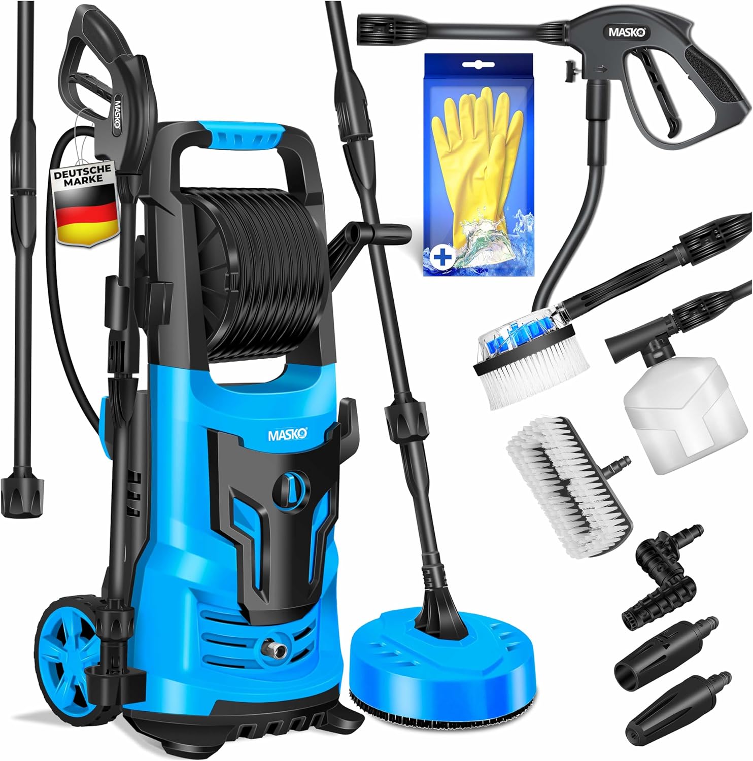 MASKO® Idropulitrice 2200 Watt 165 bar 450 l/h, con avvolgitubo 10m, set accessori 9 pezzi, con serbatoio per sapone e ugello schiumogeno, pistola ad alta pressione per auto/recinzioni/giardino/pati (Grigio)