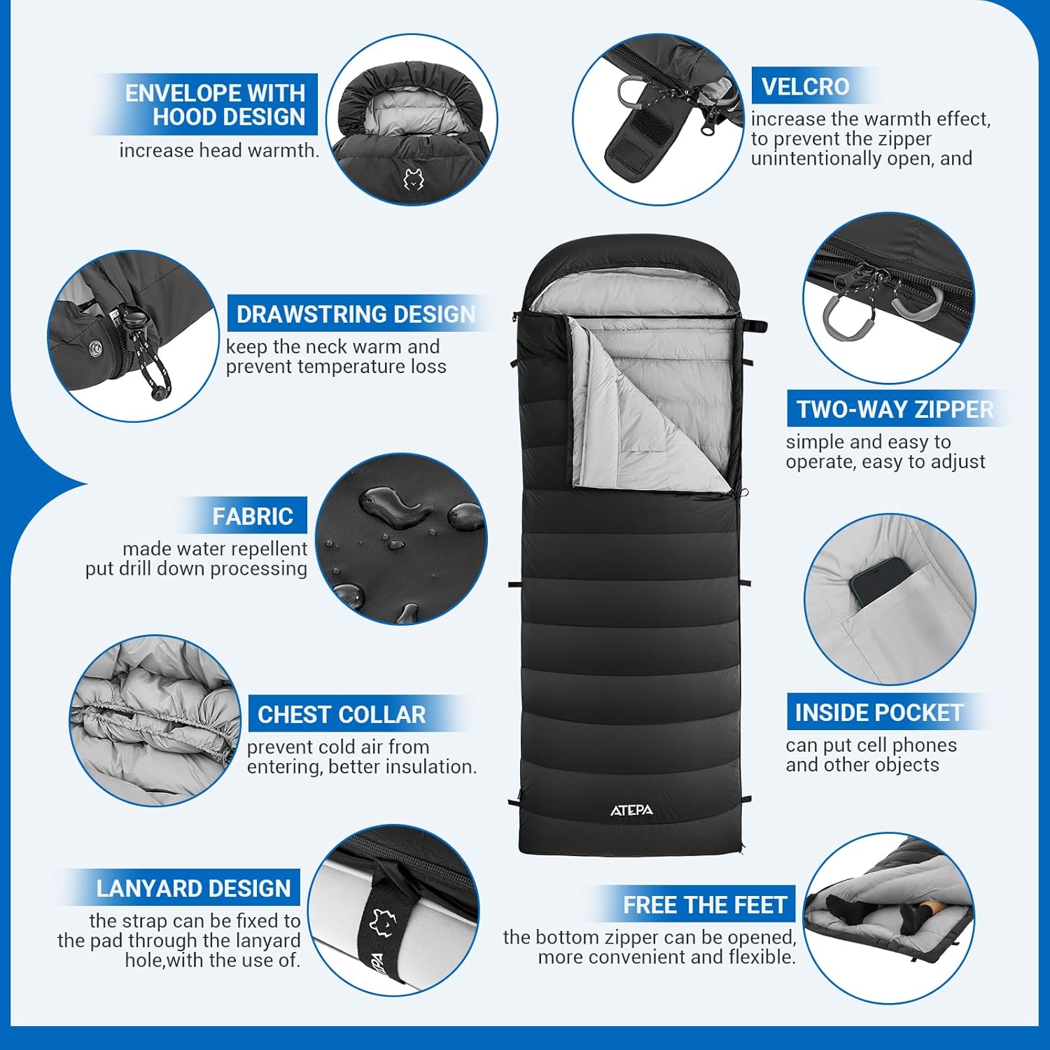 ATEPA Daunenschlafsack Winter Outdoor,Daunenschlafsack, Übergröße Ultraleichter, 3 Jahreszeiten Warm, XXL Leichtgewicht, großartiger Komfort, Ideal für Rucksacktouren Erwachsene Camping, Wandern
