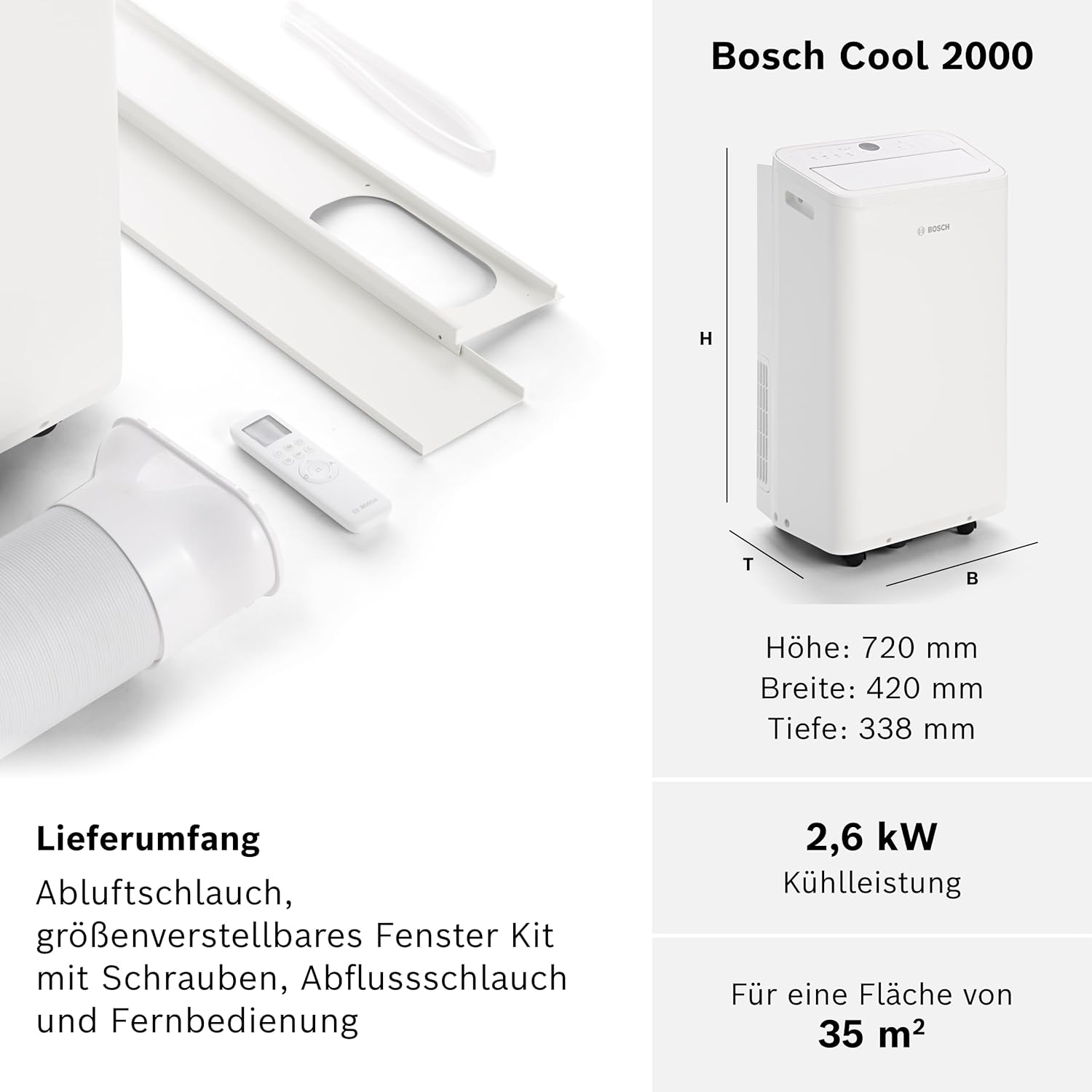Bosch Cool 4000 Climatizzatore Mobile - 3-in-1: Climatizzatore, Deumidificatore, Ventilatore - 2,6 kW per ambienti fino a 35m² - Con modalità automatica, silenziosa e notturna