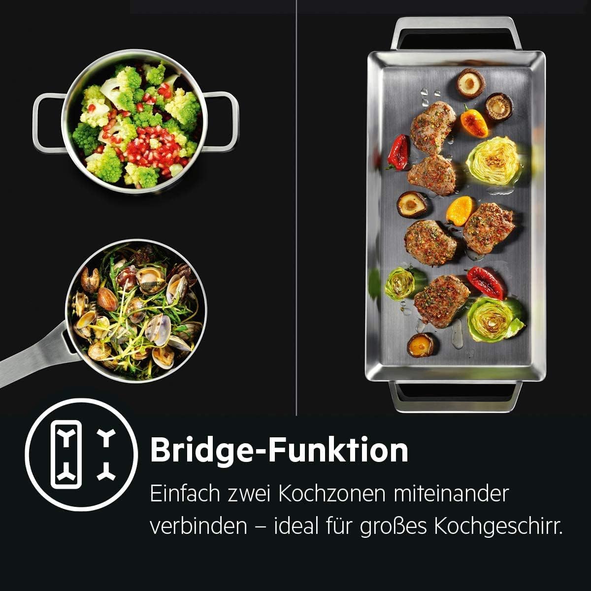 AEG piano cottura a induzione autonomo 80cm con cappa integrata / Prodotto in Germania / 4 zone cottura Flexi con funzione Bridge (combinazione di 2 zone) / Funzione automatica della cappa / Filtro a carbone attivo / COLI84COXB
