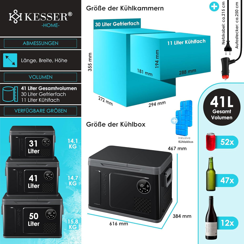 KESSER® Frigorifero Portatile a Compressore 2in1 Doppia Zona Fredda & Congelatore, Box Congelatore Elettrico con 2x Ghiaccioli & Controllo Touch LED | Refrigerazione fino a -20 °C per Campeggio, Auto, Camion 12/24V 230V