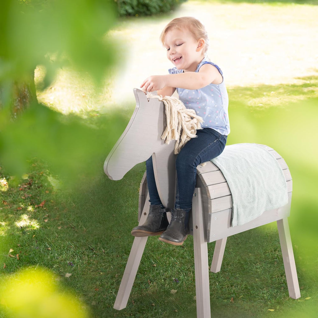 roba Holzpferd für den Garten - Voltigierpferd mit Mähne und Schweif - Spielpferd zum Turnen und Reiten - Holz massiv - Grau lasiert