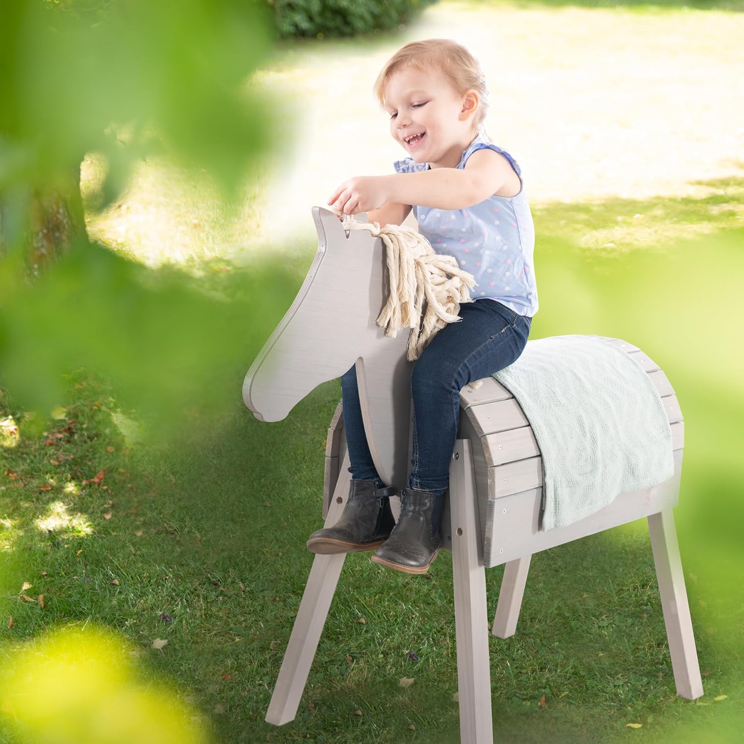 roba Holzpferd für den Garten - Voltigierpferd mit Mähne und Schweif - Spielpferd zum Turnen und Reiten - Holz massiv - Grau lasiert