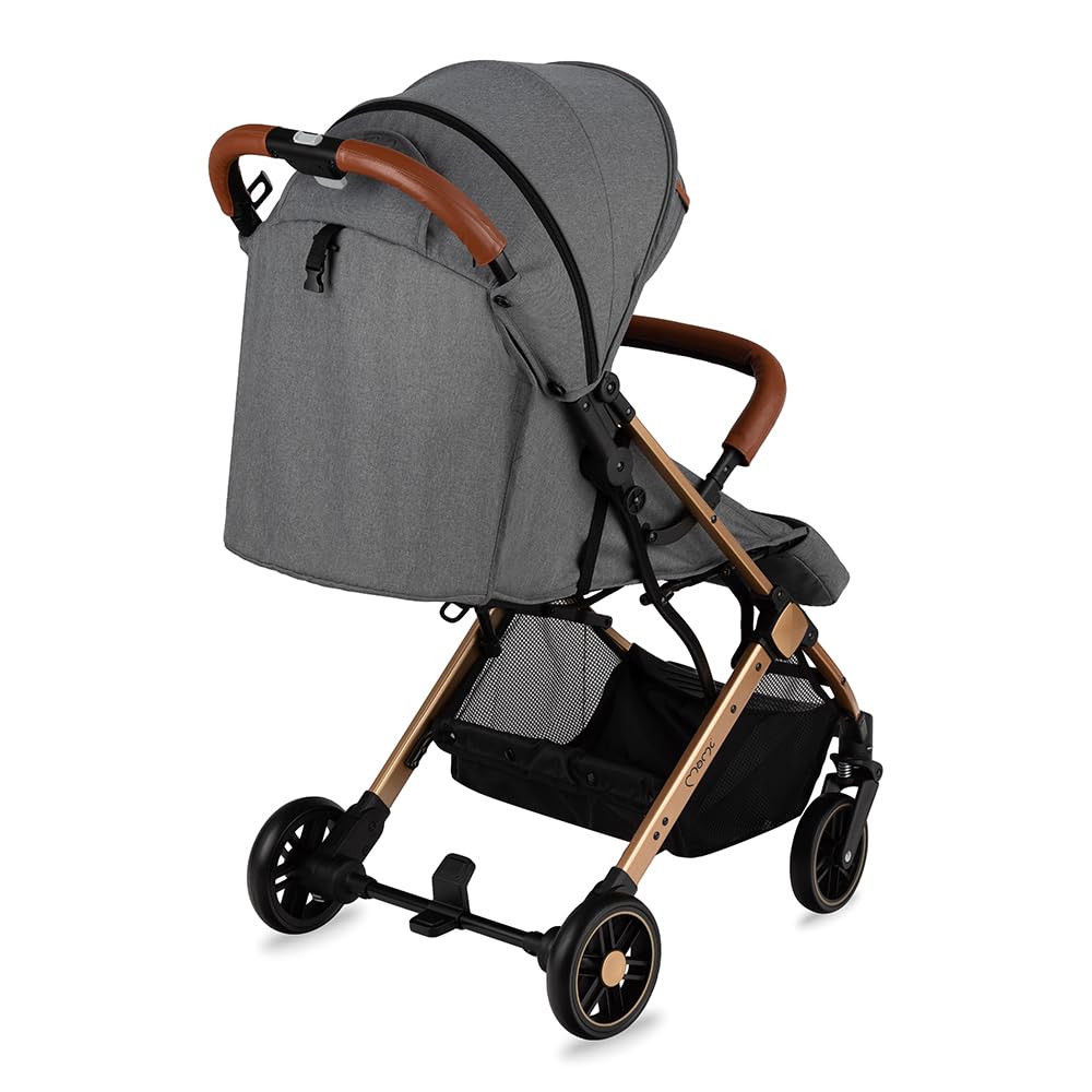 MOMI ESTELLE Kinderwagen für Kinder ab 6 Monat bis zu max körpergewicht von 15 kg, klappbar auf die Maße 65 x 51 x 21 cm, gewicht 7,5 kg, 5-Punkt-Sicherheitsgurt, koffer, grau-gold, Räder 6''/6,5''
