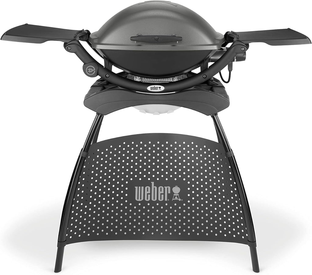 Weber Q2400 Barbecue elettrico con supporto + tavolini laterali, superficie di cottura 54 x 39 cm, portatile, griglia di cottura in ghisa smaltata in due pezzi, coperchio e braciere in ghisa d'alluminio - Grigio scuro (55020879)