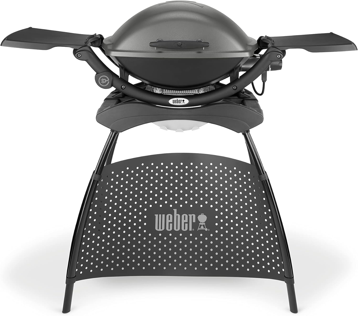 Weber Q2400 Barbecue elettrico con supporto + tavolini laterali, superficie di cottura 54 x 39 cm, portatile, griglia di cottura in ghisa smaltata in due pezzi, coperchio e braciere in ghisa d'alluminio - Grigio scuro (55020879)