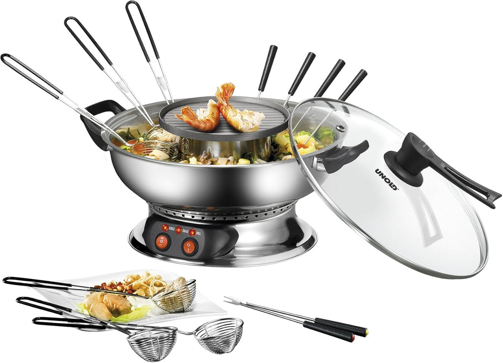 UNOLD 48746 Asia-Fondue - 1.950 W, per 6 persone con 6 forchette e cestelli, con piastra grill rimovibile, coperchio in vetro, pentola per fonduta in acciaio inossidabile, funzione fonduta e grill