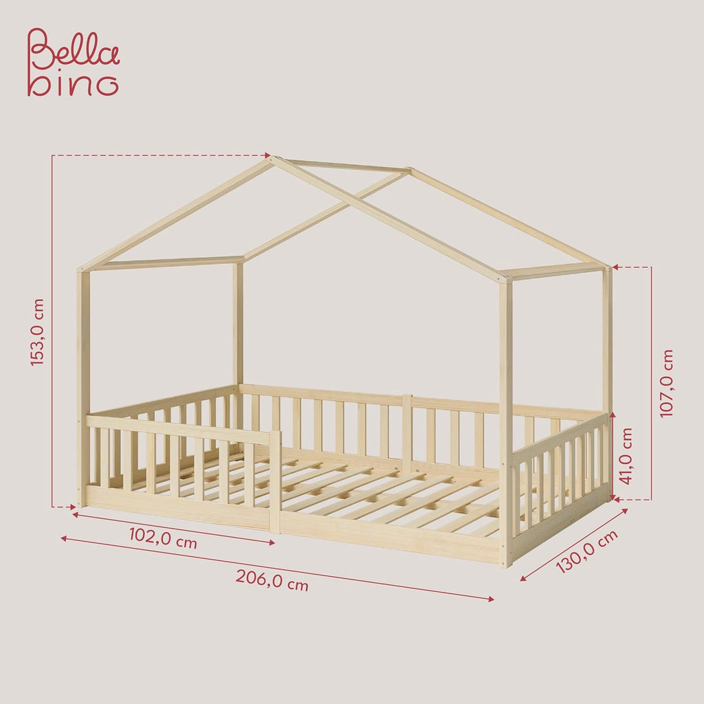 Bellabino Lettino per bambini Bia 140x200 cm, letto a capanna per bambini con protezione anticaduta e rete a doghe arrotolabile, letto a terra Montessori bianco in legno massello di pino