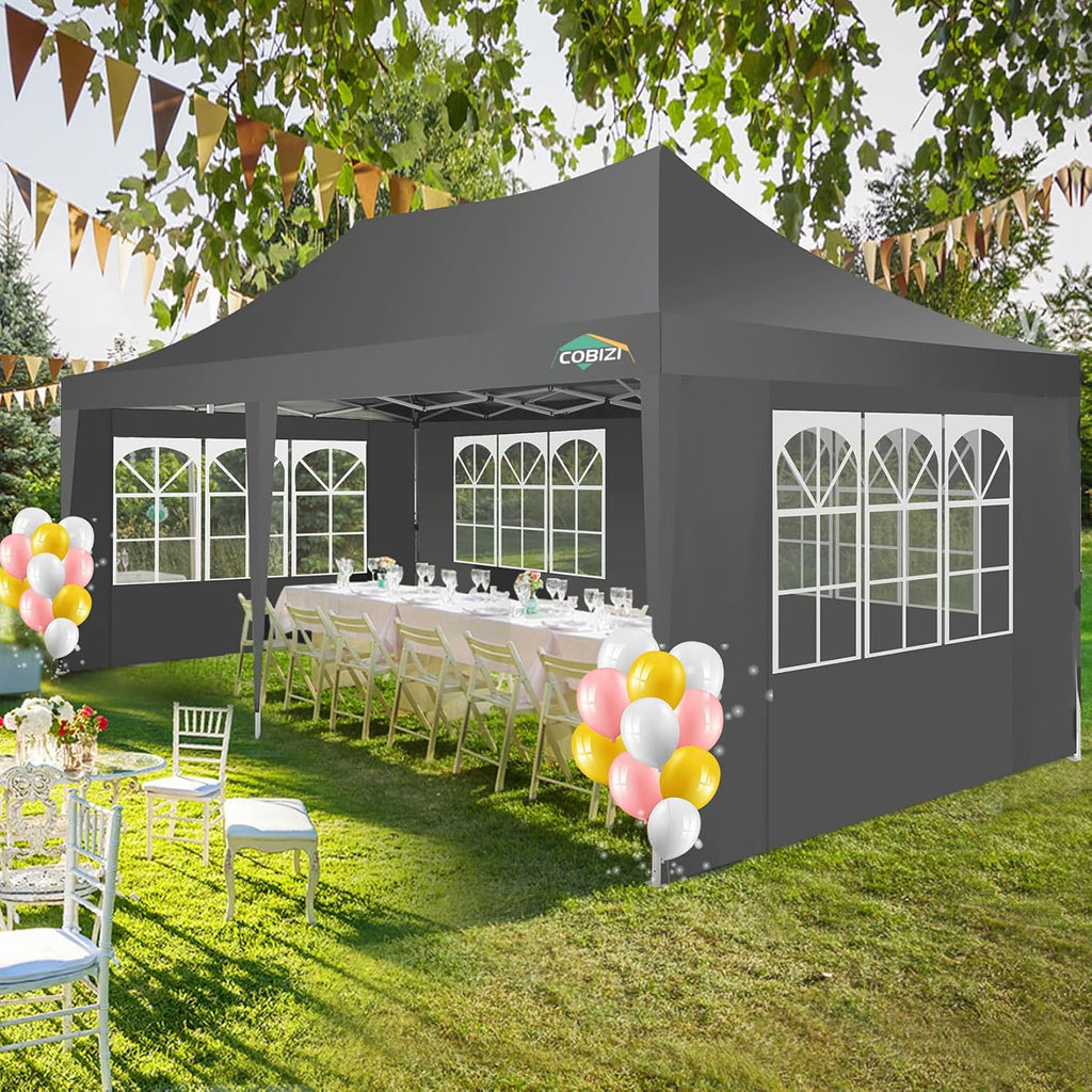COBIZI Gazebo 3x6 Pieghevole Impermeabile Stabile con 6 Pareti Laterali a Cono Tenda per Feste 3 Altezze Regolabili Protezione UV Borsa per il Trasporto Picchetti, Corde per Giardino, Matrimoni, Mercati, Eventi all'Aperto