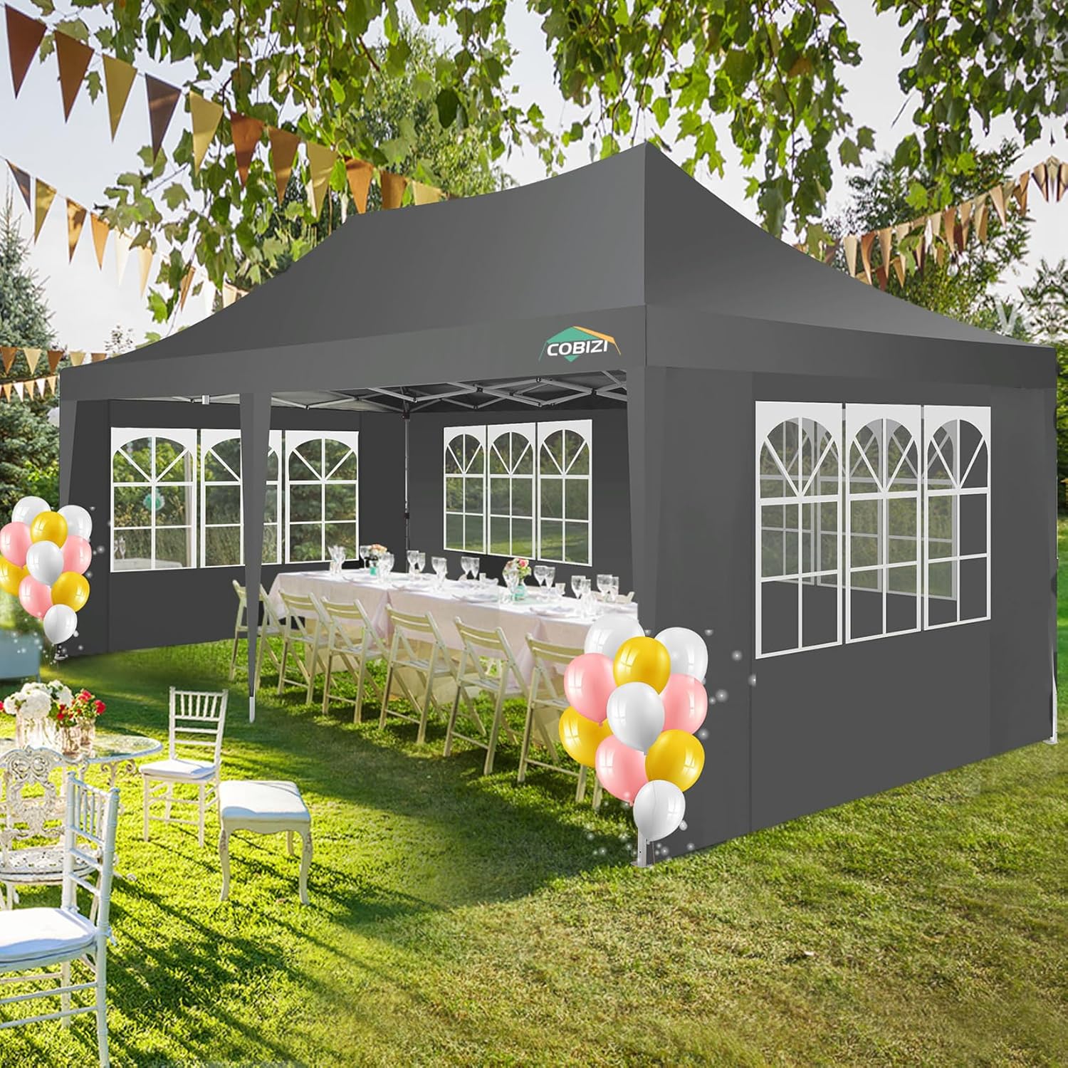 COBIZI Gazebo 3x6 Pieghevole Impermeabile Stabile con 6 Pareti Laterali a Cono Tenda per Feste 3 Altezze Regolabili Protezione UV Borsa per il Trasporto Picchetti, Corde per Giardino, Matrimoni, Mercati, Eventi all'Aperto