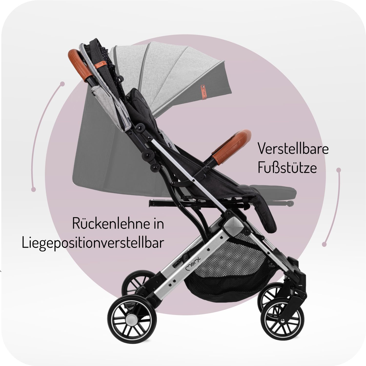 MOMI ESTELLE Kinderwagen für Kinder ab 6 Monat bis zu max körpergewicht von 15 kg, klappbar auf die Maße 65 x 51 x 21 cm, gewicht 7,5 kg, 5-Punkt-Sicherheitsgurt, koffer, grau-gold, Räder 6''/6,5''