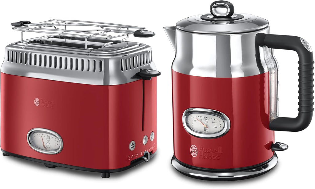 Russell Hobbs Tostapane [a 2 Fette] Retro Acciaio Inossidabile Rosso (Display Countdown in design retrò, incluso accessorio per panini, 6 livelli di doratura + funzione scongelamento e riscaldamento, 1300W) Vintage 21680-56