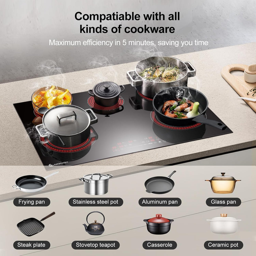 AMZCHEF Piano Cottura a Induzione 5 Zone, Incasso, con Funzione Booster e 9 Livelli, Funzione Pausa e Mantenimento in Caldo, Piano Cottura a Induzione con Controlli Slider, Timer Multifunzione, 7400W