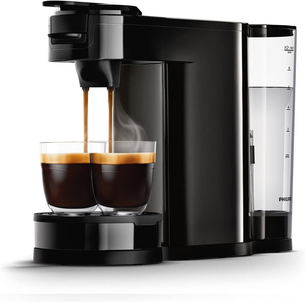 Philips Senseo Switch Macchina da caffè con cialde e filtro, Tecnologia di erogazione 2 in 1, Serbatoio dell'acqua da 1 litro, 7 tazze in un solo ciclo, Nero lucido (HD6592/64)