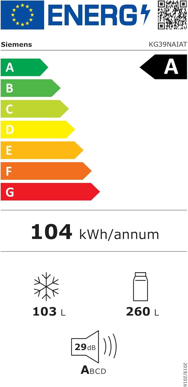 SIEMENS KG39EAICA iQ500 Frigorifero con congelatore, 201 x 60 cm, 249 L frigorifero + 94 L congelatore, LowFrost sbrinamento meno frequente, illuminazione a LED uniforme, BigBox spazio per alimenti congelati di grandi dimensioni
