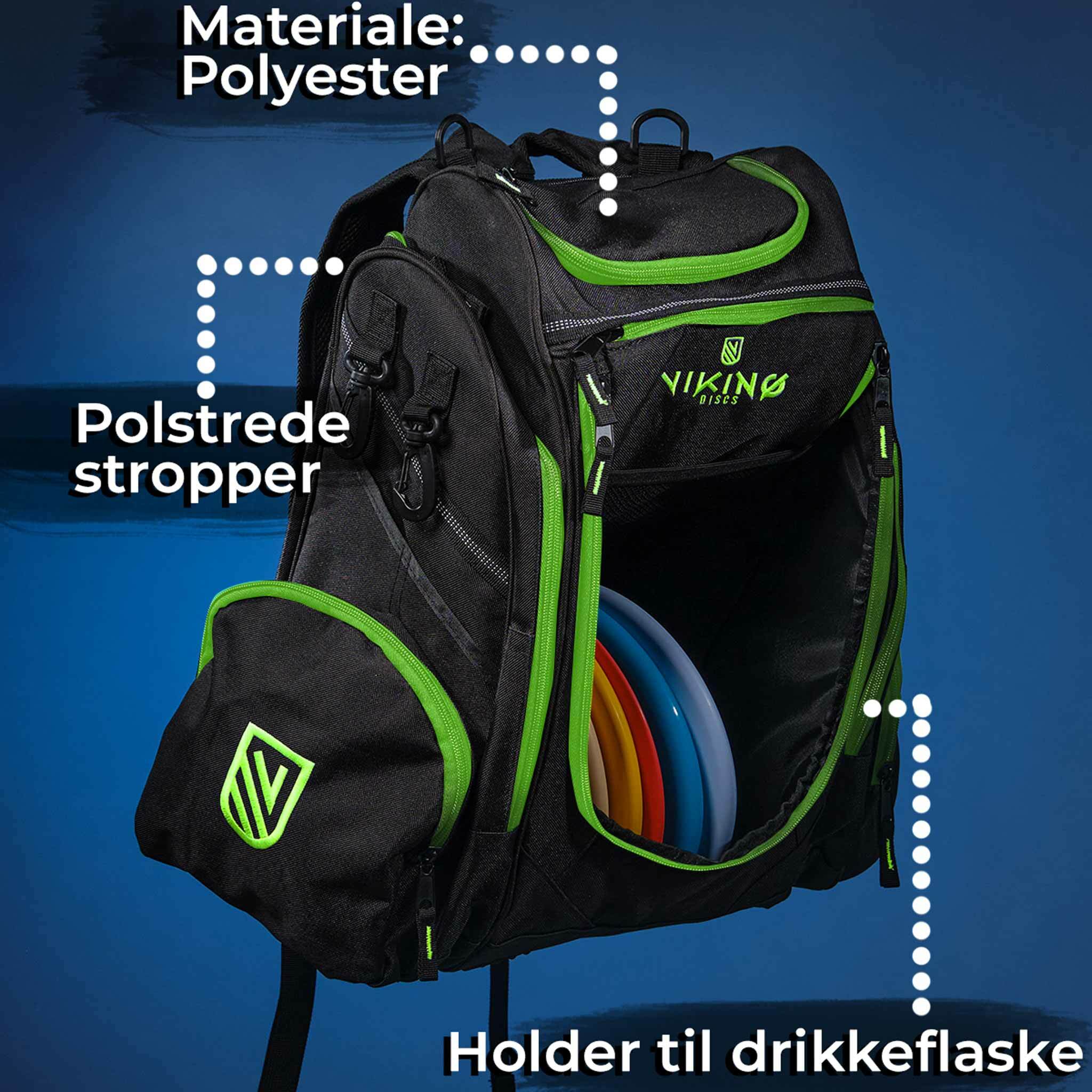 Viking Discs Rucksack Pro, zaino da disc golf, nero/lime