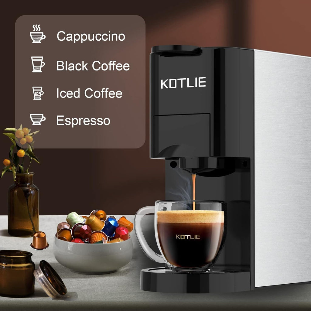KOTLIE AC-513HF 5 in 1 Kaffeemaschine für NES/DG/a modo mio/Gemahlener Kaffee/ESE(44mm), Höhe für große Tassen (Schwarz)