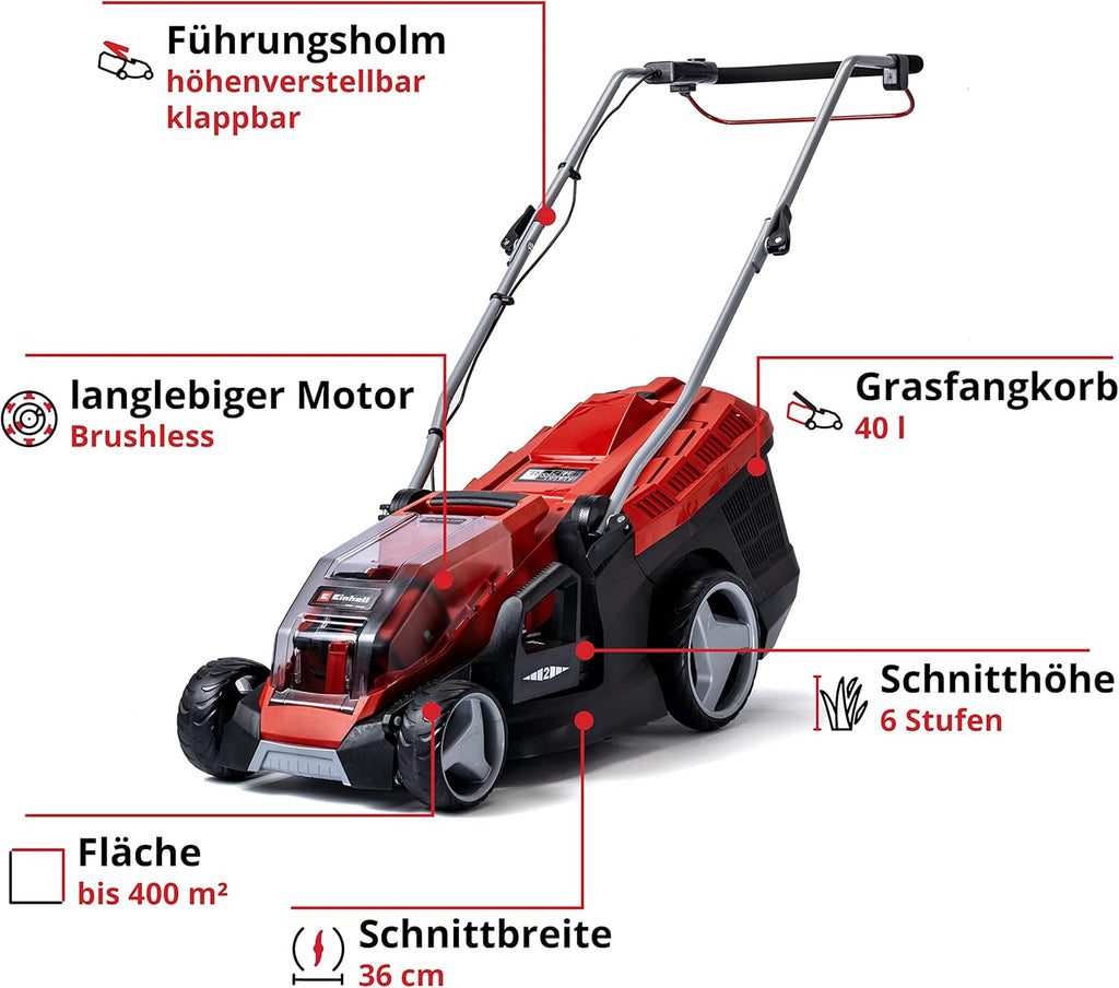 Einhell Tagliaerba a batteria GE-CM 36/36 Li Kit Power X-Change (36 V, larghezza di taglio 36 cm, fino a 400 m², senza spazzole, cesto di raccolta 40 l, altezza di taglio 25-75 mm, incl. 2 batterie da 4,0 Ah + 2 caricabatterie)