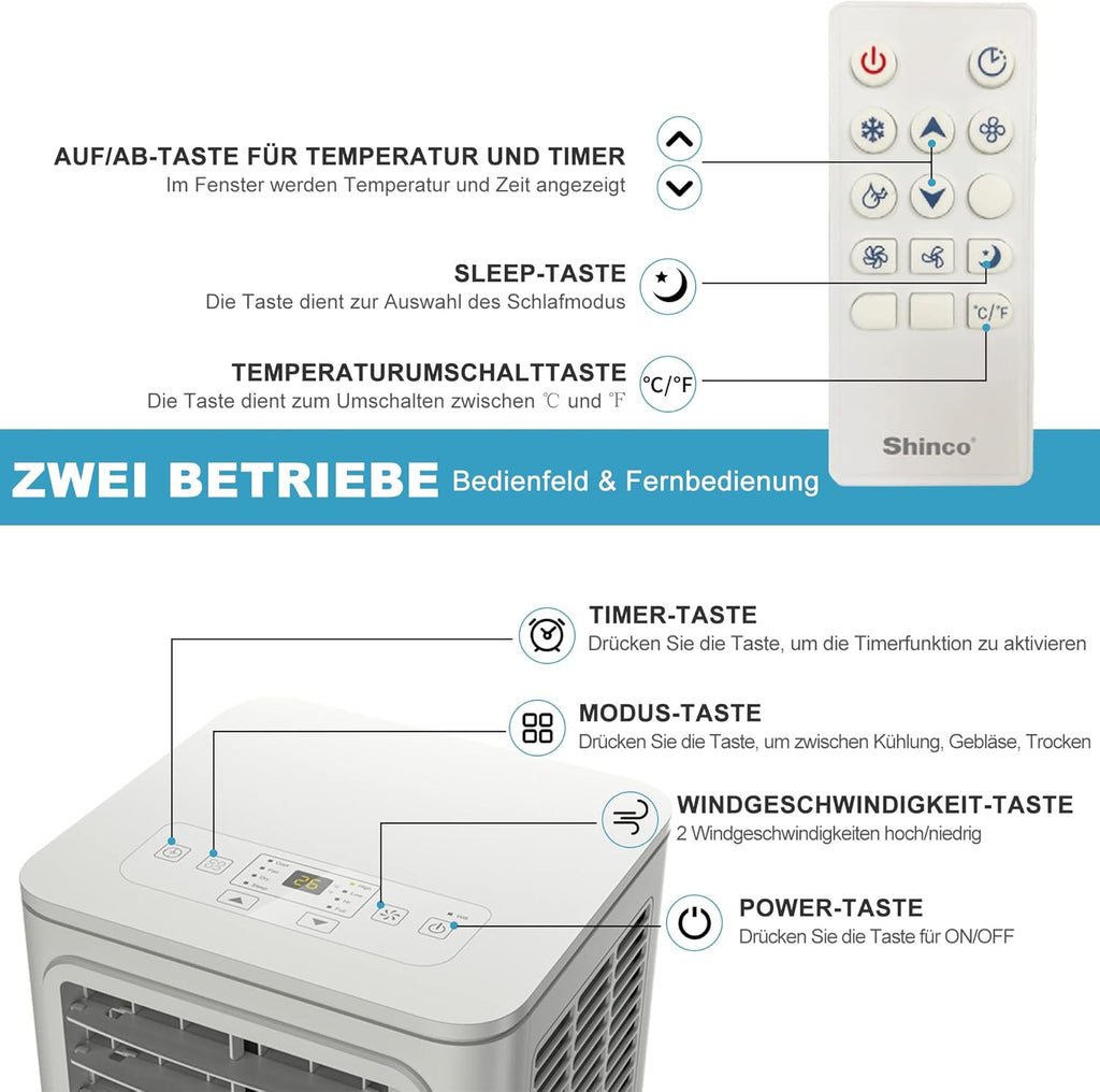 SHINCO Condizionatore Portatile con Tubo di Scarico, Climatizzatore 3-in-1 con Deumidificatore e Ventilatore, 7000BTU, 2,05 kW, Condizionatore Mobile con Modalità Notturna, Timer e Materiale di Montaggio, Ambienti Fino a 54m