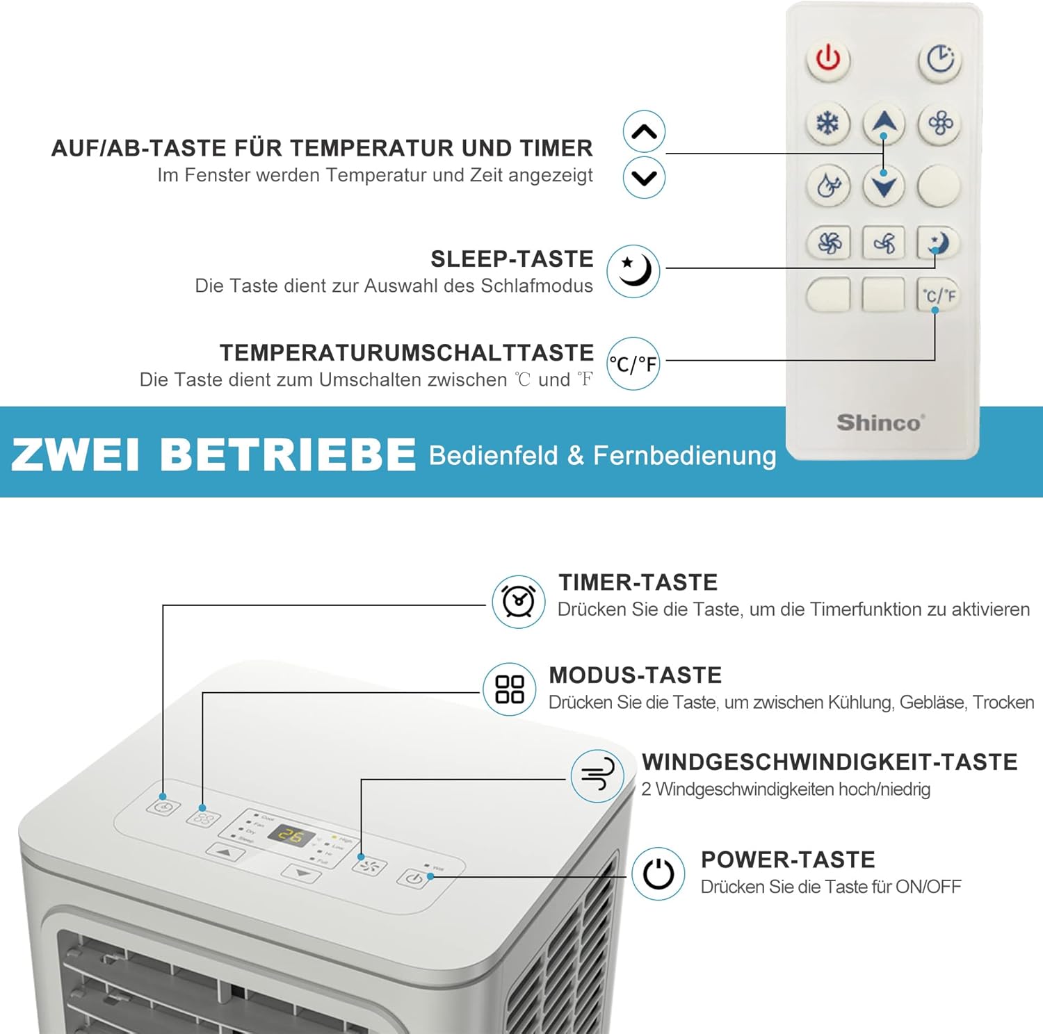 SHINCO Condizionatore Portatile con Tubo di Scarico, Climatizzatore 3-in-1 con Deumidificatore e Ventilatore, 7000BTU, 2,05 kW, Condizionatore Mobile con Modalità Notturna, Timer e Materiale di Montaggio, Ambienti Fino a 54m