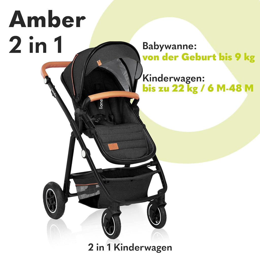 LIONELO Amber Kinderwagen 2 in 1 Kombikinderwagen, Kinderwagen Set mit sportlichen Sitz und fester Babywanne, Tasche, Moskitonetz, Abdeckung Regenblatt (Graphit)