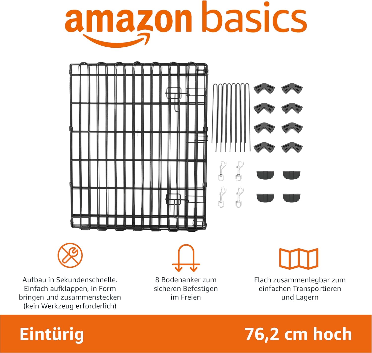 Amazon Basics - Achteckig, Laufgehege für Hunde und andere Haustiere, faltbar, Metall, mit Tür,122 cm, Schwarz