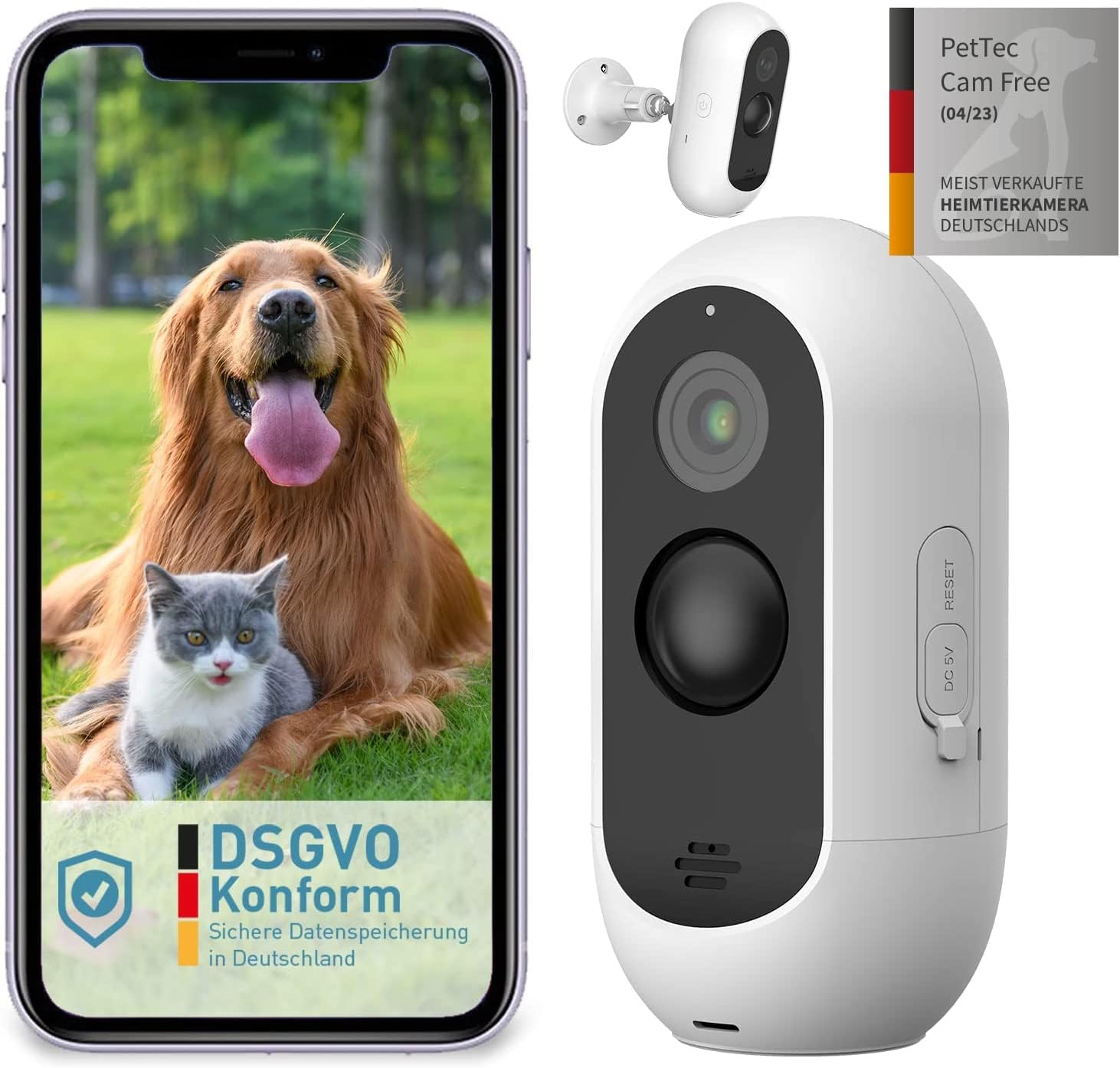 PetTec Videocamera per animali domestici a 360° e distributore automatico di cibo con espulsione di crocchette - tramite App e pulsante multifunzione - Rilevamento dei latrati - Funzione visione notturna 3MP - Telecamera per cani e gatti